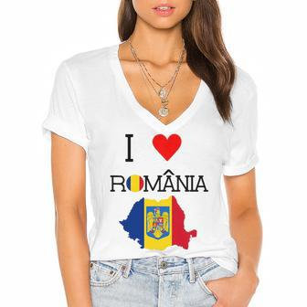 Romanian Gift - I Love Romania Women's Jersey Short Sleeve Deep V-Neck Tshirt | Mazezy