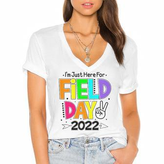 School Field Day Teacher Im Just Here For Field Day 2022 Peace Sign Women's Jersey Short Sleeve Deep V-Neck Tshirt | Mazezy