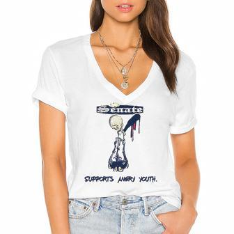 Senate Sinner Supports Angry Youth Women's Jersey Short Sleeve Deep V-Neck Tshirt | Mazezy