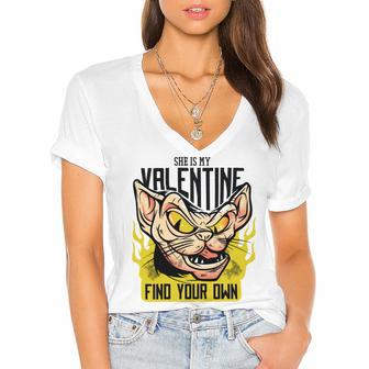 She Is My Valentine Cat Women's Jersey Short Sleeve Deep V-Neck Tshirt | Favorety DE