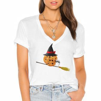Silly Halloween Witch T - Cookie And Milk Masquerade Women's Jersey Short Sleeve Deep V-Neck Tshirt - Seseable