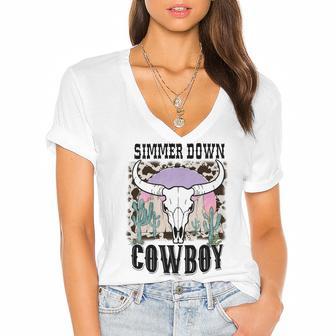 Simmer Down Cowboy Western Style Gift Women's Jersey Short Sleeve Deep V-Neck Tshirt | Favorety DE