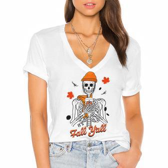 Skeleton It’S Fall Y’All Thanksgiving Funny Autumn Halloween Women's Jersey Short Sleeve Deep V-Neck Tshirt | Favorety UK