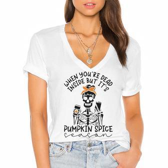 Skeleton When You’Re Dead Inside But It’S Pumpkin Spice Season Skeleton Fall Pumpkin Spice Season T Women's Jersey Short Sleeve Deep V-Neck Tshirt | Favorety UK