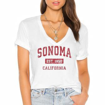 Sonoma California Ca Vintage Sports Design Red Design Women's Jersey Short Sleeve Deep V-Neck Tshirt | Mazezy