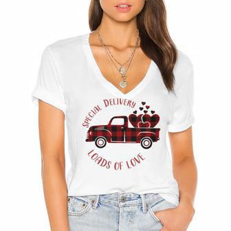 Special Delivery Valentines Car Red Plaid Women's Jersey Short Sleeve Deep V-Neck Tshirt | Favorety