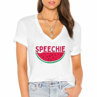 Speechie Speech Pathology Summer Therapy Women's Jersey Short Sleeve Deep V-Neck Tshirt | Mazezy