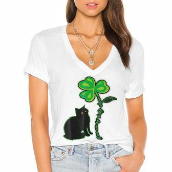St Patricks Day Black Cat My Lucky Charm Women's Jersey Short Sleeve Deep V-Neck Tshirt | Favorety