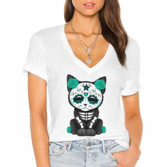 Sugar Skull Cat Day Of The Dead Cat Women's Jersey Short Sleeve Deep V-Neck Tshirt | Mazezy