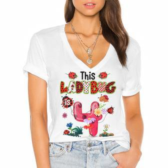 This Ladybug Is 4 Years Old 4Th Birthday Girl Family Ladybug T-Shirt Women's Jersey Short Sleeve Deep V-Neck Tshirt - Seseable