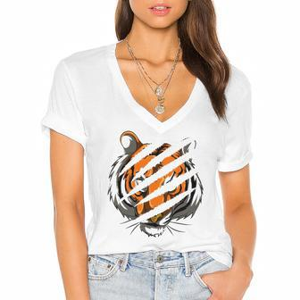 Tiger Stripes Zoo Animal Tiger Women's Jersey Short Sleeve Deep V-Neck Tshirt | Mazezy