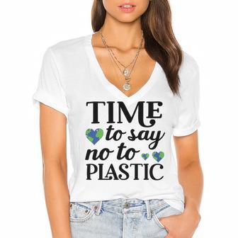 Time To Say No To Plastic Women's Jersey Short Sleeve Deep V-Neck Tshirt | Favorety DE