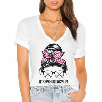Trap Shooting Mom Messy Bun Hair Glasses Women's Jersey Short Sleeve Deep V-Neck Tshirt - Seseable