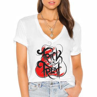 Trick Or Treat Halloween 154 Shirt Women's Jersey Short Sleeve Deep V-Neck Tshirt | Favorety