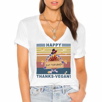 Turkey Happy Thanks Vegan Turkey Vintage Retro Women's Jersey Short Sleeve Deep V-Neck Tshirt | Favorety CA