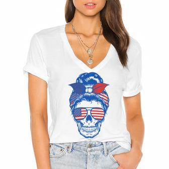 Ultra Maga Red White Blue Skull Women's Jersey Short Sleeve Deep V-Neck Tshirt - Monsterry CA