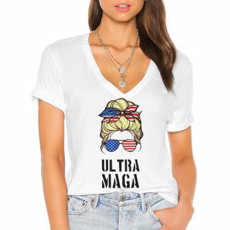 Ultra Mega Messy Bun 2022 Trump Republicans Conservatives Women's Jersey Short Sleeve Deep V-Neck Tshirt | Favorety CA