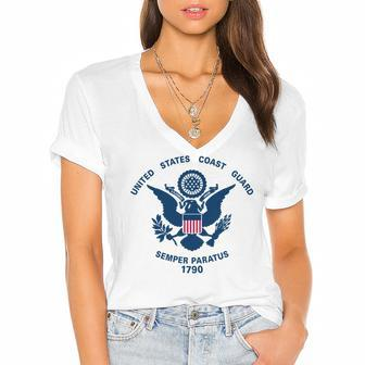 United States Coast Guard Uscg Logo Police Veteran Patriotic Women's Jersey Short Sleeve Deep V-Neck Tshirt - Seseable
