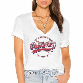 Vintage Cleveland Cityscape Baseball Lover Player And Fans Women's Jersey Short Sleeve Deep V-Neck Tshirt | Mazezy