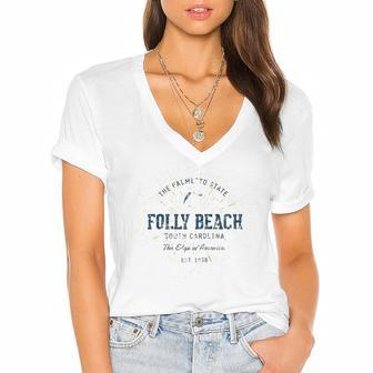 Vintage Retro Style Folly Beach Raglan Baseball Tee Women's Jersey Short Sleeve Deep V-Neck Tshirt | Mazezy
