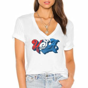 Vintage Usa Independence Day 4Th Of July Summer Typography Women's Jersey Short Sleeve Deep V-Neck Tshirt | Mazezy