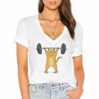 Weightlifting - Cat Barbell Fitness Lovers Gift Women's Jersey Short Sleeve Deep V-Neck Tshirt | Mazezy