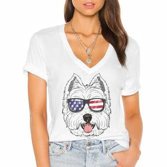 West Highland White Terrier Dog 4Th Of July American Westie Women's Jersey Short Sleeve Deep V-Neck Tshirt | Mazezy