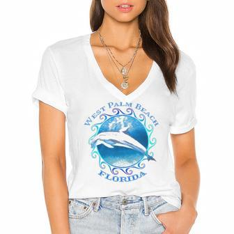 West Palm Beach Florida Vacation Souvenir Dolphin Women's Jersey Short Sleeve Deep V-Neck Tshirt | Mazezy