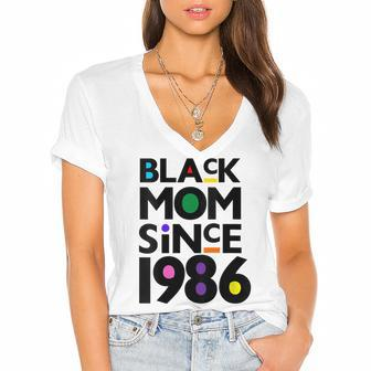 Womens Black Mom Since 1986 Funny Mothers Day Child Birthday Year Women's Jersey Short Sleeve Deep V-Neck Tshirt - Seseable