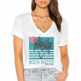 Womens Boca Raton Florida Souvenirs Fl Palm Tree Vintage Women's Jersey Short Sleeve Deep V-Neck Tshirt | Mazezy
