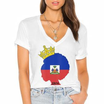 Womens Haitian Afro Queen 1804 Haiti Flag Day Crown Women Gift Women's Jersey Short Sleeve Deep V-Neck Tshirt | Mazezy