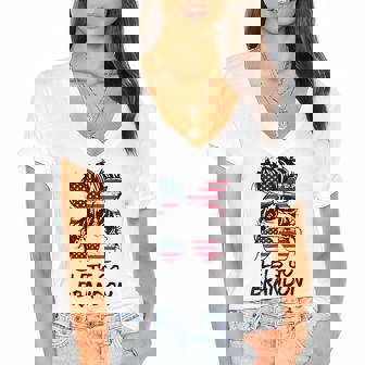 Womens Lets Go Brandon Messy Bun Us Flag Tees Women's Jersey Short Sleeve Deep V-Neck Tshirt | Mazezy