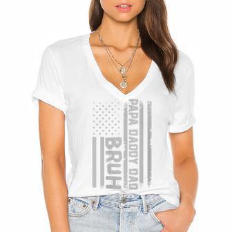 Womens Papa Daddy Dad Bruh Fathers Day 4Th Of July Usa Flag Gift Women's Jersey Short Sleeve Deep V-Neck Tshirt - Seseable