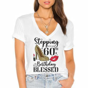 Womens Stepping Into My 60Th Birthday Blessed Womens 60 Years Old Women's Jersey Short Sleeve Deep V-Neck Tshirt - Seseable