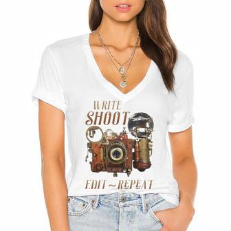 Write Shoot Edit Repeat Steampunk Flash Filmmaker Women's Jersey Short Sleeve Deep V-Neck Tshirt | Mazezy