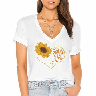 Yellow Flower Sunflowers Heart Butterfly Blossom Sunflower Women's Jersey Short Sleeve Deep V-Neck Tshirt | Mazezy