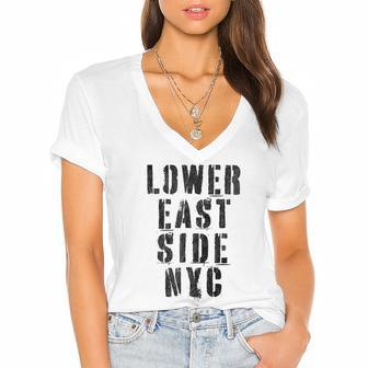 New York NY Stencil W Details Women's Jersey Short Sleeve Deep V-Neck Tshirt - Monsterry AU