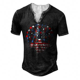 American Tree 4Th Of July Usa Flag Hearts Roots Patriotic Men's Henley Button-Down 3D Print T-shirt