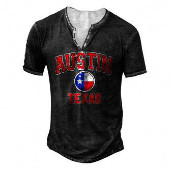Austin Tx Varsity Style Texas Flag Red Text Men's Henley T-Shirt | Mazezy
