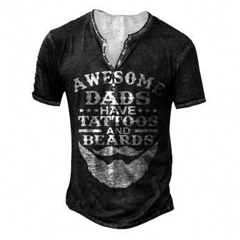 Mens Awesome Dads Have Tattoos And Beards Fathers Day V3 Men's Henley T-Shirt - Seseable