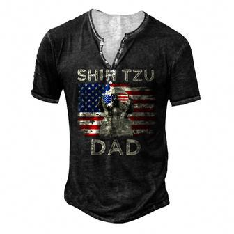 Best Shih Tzu Dad Ever American Flag 4Th Of July Father Day Men's Henley T-Shirt - Seseable