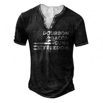 Bourbon Bacon Guns & Freedom 4Th Of July Patriotic Usa Flag Men's Henley T-Shirt | Mazezy