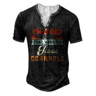 Mens Im A Dad That Runs On Jesus Cornhole Christian Vintage Men's Henley T-Shirt | Mazezy