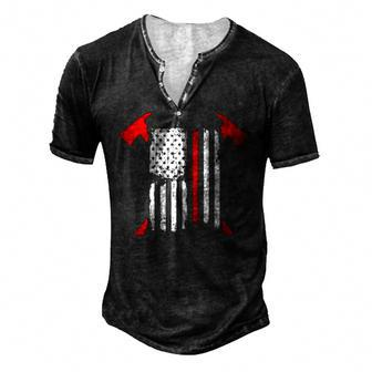 Firefighter Red Line Us Flag Crossed Axes Printed Back Men's Henley T-Shirt | Mazezy