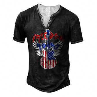 Freedom Rocks 4Th Of July Patriotic Usa Flag Rock Guitar Men's Henley T-Shirt | Mazezy