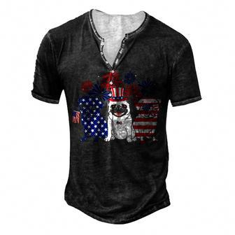 Happy 4Th July Three Blue White Pug And Red Men's Henley T-Shirt - Seseable