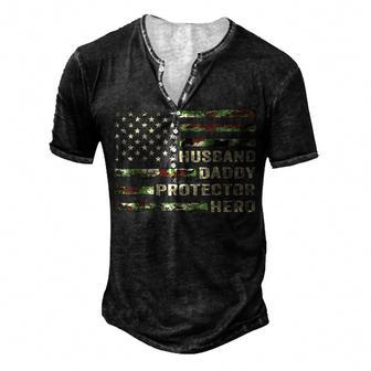 Mens Husband Daddy Protector Hero Fathers Day Flag Men's Henley T-Shirt | Mazezy