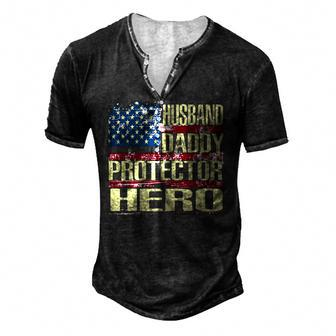 Mens Husband Daddy Protector Hero Fathers Day Men's Henley T-Shirt | Mazezy