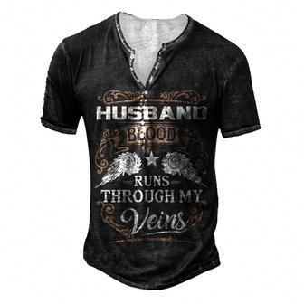 Husband Name Husband Blood Runs Through My Veins Men's Henley T-Shirt - Seseable