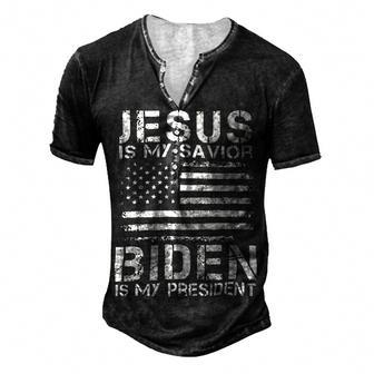 Jesus Is My Savior Biden Is My President Us Flag Supporter Vintage 21K5 Men's Henley Button-Down 3D Print T-shirt - Monsterry